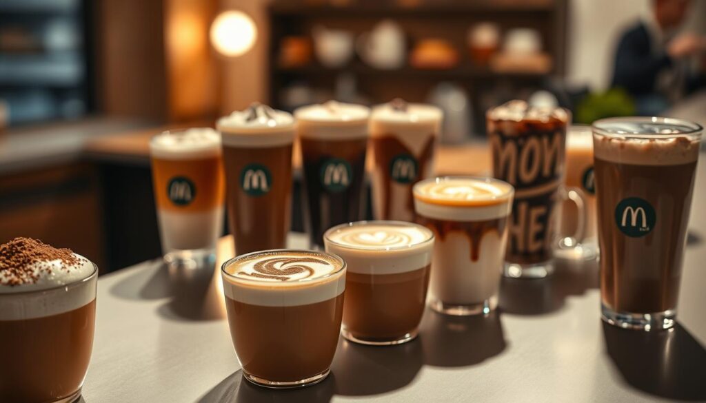 A beautifully lit lineup of delectable McCafé espresso drinks, captured in a soft, warm light that accentuates their rich, velvety textures. In the foreground, a row of expertly crafted cappuccinos, their fluffy milk foam crowned with a dusting of cocoa powder. Behind them, elegant lattes with intricate latte art patterns, each one a unique work of art. In the middle ground, a selection of McCafé's signature espresso-based beverages, from the classic Americano to the indulgent Mocha Frappé, all displayed on a sleek, minimalist counter. The background features a blurred, cozy café setting, hinting at the comforting ambiance that accompanies these premium espresso drinks. The overall mood is one of refined sophistication and inviting indulgence.