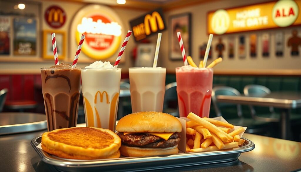 A brightly lit diner-style setting, complete with classic McDonald's decor and furnishings. In the foreground, a selection of mouthwatering McDonald's milkshakes - chocolate, vanilla, and strawberry - artfully arranged on a tray, each accompanied by a complementary food pairing: a warm, golden-brown apple pie slice, a decadent double cheeseburger, and a handful of crisp, salty french fries. The lighting is soft and inviting, creating a cozy, nostalgic atmosphere. The camera angle is slightly elevated, capturing the scene in a clean, professional style that showcases the delicious pairings and the vibrant colors of the milkshakes and accompanying dishes.