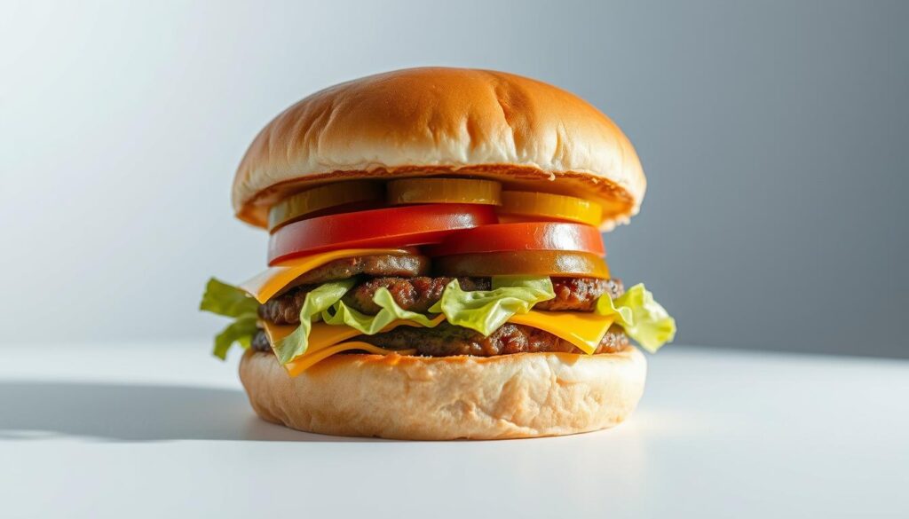 A crisp, high-resolution close-up shot of a McDonald's classic cheeseburger, with a cross-section revealing its intricate layers. The bun is golden-brown and fluffy, the patty sizzling hot and juicy, the cheese melted to perfection. The vegetables - crunchy lettuce, fresh tomato, and tangy pickles - are meticulously arranged, complementing the savory flavors. Dramatic studio lighting casts dramatic shadows, highlighting the burger's inviting texture and temperature. A clean, clinical background emphasizes the scientific, analytical nature of the scene, as if dissecting the anatomy of this iconic fast-food staple to uncover the secrets of its irresistible appeal.