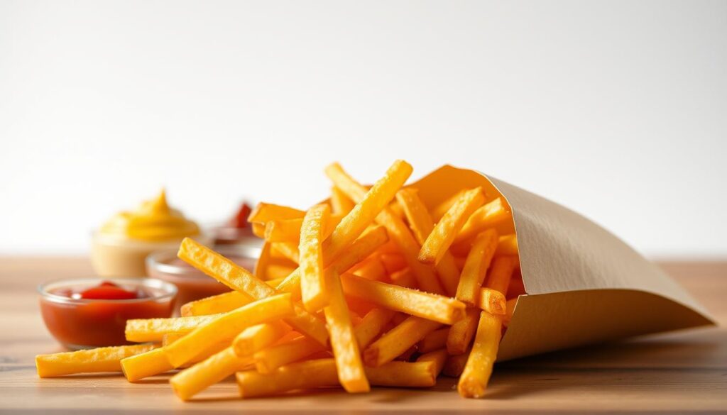 A delectable assortment of McDonald's classic French fries spilling out of a crisp, golden-brown paper carton, accompanied by an array of delightful side dishes. In the foreground, the fries are captured in a warm, natural lighting, their thin, crinkly texture and glistening salt crystals tempting the senses. In the middle ground, an assortment of dipping sauces - tangy ketchup, creamy mayonnaise, and zesty mustard - are neatly arranged, their vibrant colors and glossy surfaces reflecting the fries' golden hue. The background features a clean, minimalist setting, allowing the star players to shine. The overall scene exudes a mouthwatering, inviting atmosphere, perfectly capturing the essence of the iconic McDonald's side dishes.