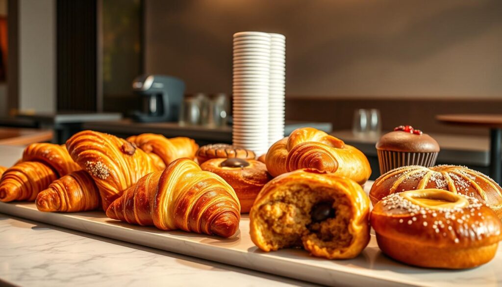 A delectable display of McDonald's McCafé pastries, artfully arranged on a sleek, marble-topped counter. In the foreground, flaky croissants, buttery danishes, and decadent muffins beckon with their golden-brown crusts and tempting fillings. Soft lighting casts a warm, inviting glow, highlighting the intricate textures and rich colors of the baked goods. In the middle ground, a stack of freshly brewed McCafé coffee cups adds a touch of caffeine-fueled energy to the scene. The background features a modern, minimalist café setting, with clean lines and neutral tones that allow the pastries to take center stage. The overall composition evokes a sense of indulgence and the perfect accompaniment to a cozy morning or afternoon break.