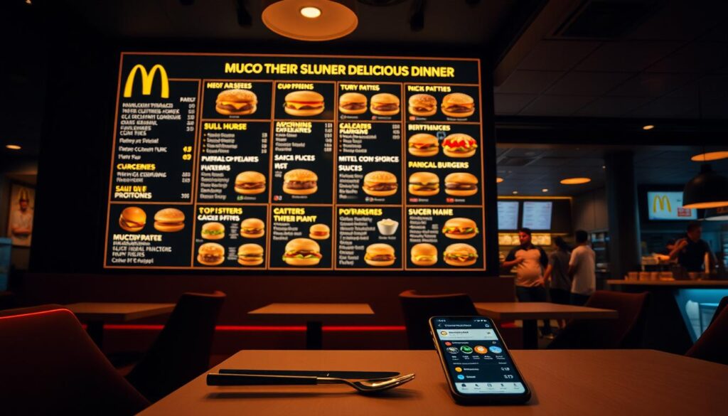 A dimly lit, modern McDonald's dining area with a large, neon-lit menu board showcasing various customization options for a delicious dinner experience. The menu features an array of burger patties, toppings, sauces, and sides that customers can mix and match to create their perfect meal. The scene is illuminated by warm, soft lighting, casting a cozy, inviting atmosphere. In the foreground, a table with a stylized, minimalist place setting and a smartphone displaying the McDonald's mobile app, highlighting the convenience of customizing and ordering meals. The background features sleek, contemporary decor and a glimpse of the bustling kitchen, conveying the efficiency and attention to detail in the dining experience.