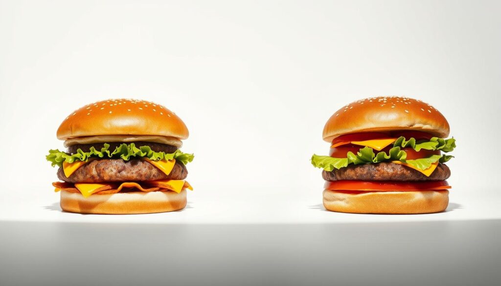 A high-contrast, high-resolution photograph of two iconic McDonald's burgers - the Big Mac and the Quarter Pounder - placed side by side on a clean, white background. The burgers are lit from above with soft, natural lighting, casting subtle shadows that highlight their luscious patties, freshly toasted buns, and vibrant toppings. The composition emphasizes the distinctive silhouettes and visual differences between the two burgers, inviting the viewer to closely examine and compare their sizes, proportions, and ingredient combinations. The overall mood is one of mouthwatering anticipation, showcasing the burgers as the central focus, devoid of any distractions or contextual elements.
