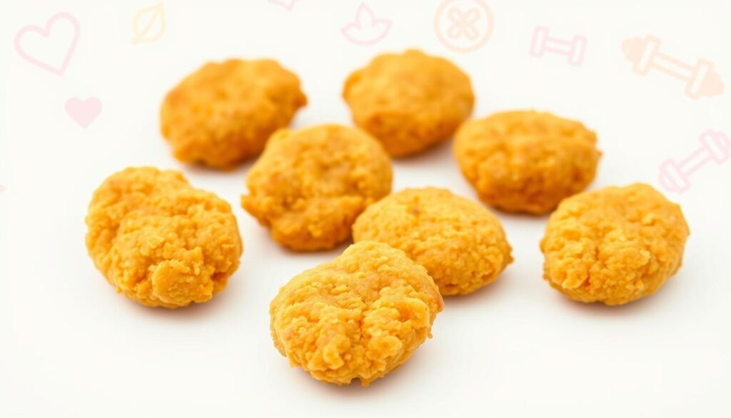 A high-quality, highly detailed image of McDonald's Chicken Nuggets on a clean, bright white background. The nuggets are arranged neatly, showcasing their golden, crispy exterior and tender, juicy interior. The lighting is soft and natural, accentuating the delicious appearance of the nuggets. In the background, there are various health-focused icons, such as a heart, a leaf, and a dumbbell, subtly indicating the improved nutritional value of the updated chicken nuggets. The overall composition is visually striking and effectively communicates the &amp;quot;Health and Nutrition Improvements&amp;quot; theme.
