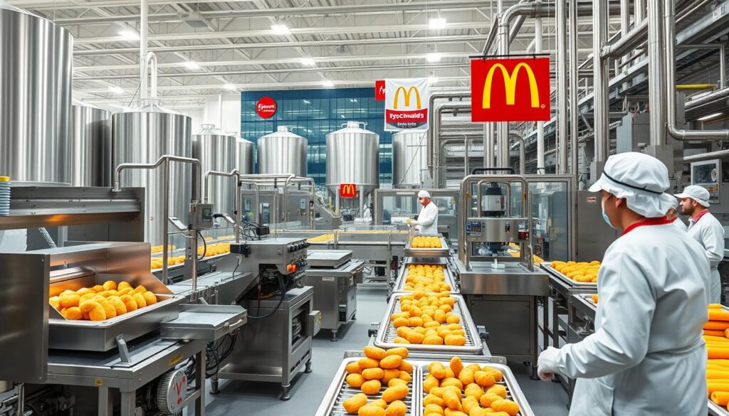A large, modern food processing facility with gleaming stainless steel equipment. In the foreground, precision-engineered machines meticulously handle and package chicken nuggets, while workers in sterile uniforms monitor the production line. The middle ground showcases storage silos and automated conveyor belts, highlighting the industrial scale of the operation. In the background, the bustling corporate offices of Tyson Foods and McDonald's rise, symbolizing their long-standing partnership. Bright, even lighting illuminates the scene, conveying a sense of efficiency and technological prowess. The overall atmosphere radiates a combination of innovation, quality control, and collaborative enterprise.