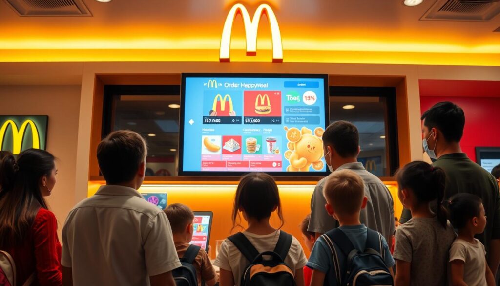 A modern McDonald's restaurant interior, with a large digital touchscreen display prominently showcasing a vibrant and colorful Happy Meal order interface. The screen is surrounded by sleek, minimalist decor in shades of red, yellow, and white, reflecting the classic McDonald's branding. Customers of all ages, from children to adults, stand before the display, their faces illuminated by the screen's glow as they navigate the intuitive digital ordering system. Warm, diffused lighting casts a soft, welcoming ambiance, while the overall scene conveys a sense of convenience, technology, and the enduring appeal of the iconic Happy Meal.