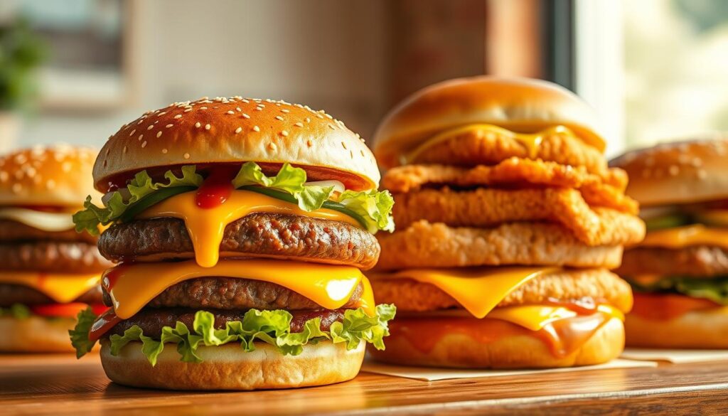 A mouthwatering display of McDonald's most popular burger variations, meticulously crafted with juicy beef patties, glistening buns, and an array of enticing toppings. In the foreground, a classic Big Mac stands tall, its signature &quot;special sauce&quot; drizzled over crisp lettuce and melted cheese. Beside it, a Quarter Pounder with Cheese radiates a golden hue, the patty sizzling against the backdrop of fresh onions and pickles. In the middle, a Filet-O-Fish tempts with its flaky white fish and creamy tartar sauce, while a McChicken sandwich adds a delightful crunch. Soft natural lighting casts a warm glow, capturing the inviting textures and mouthwatering details of these beloved McDonald's burger creations. The scene is photographed from a slightly elevated angle, showcasing the delectable lineup in all its glory.