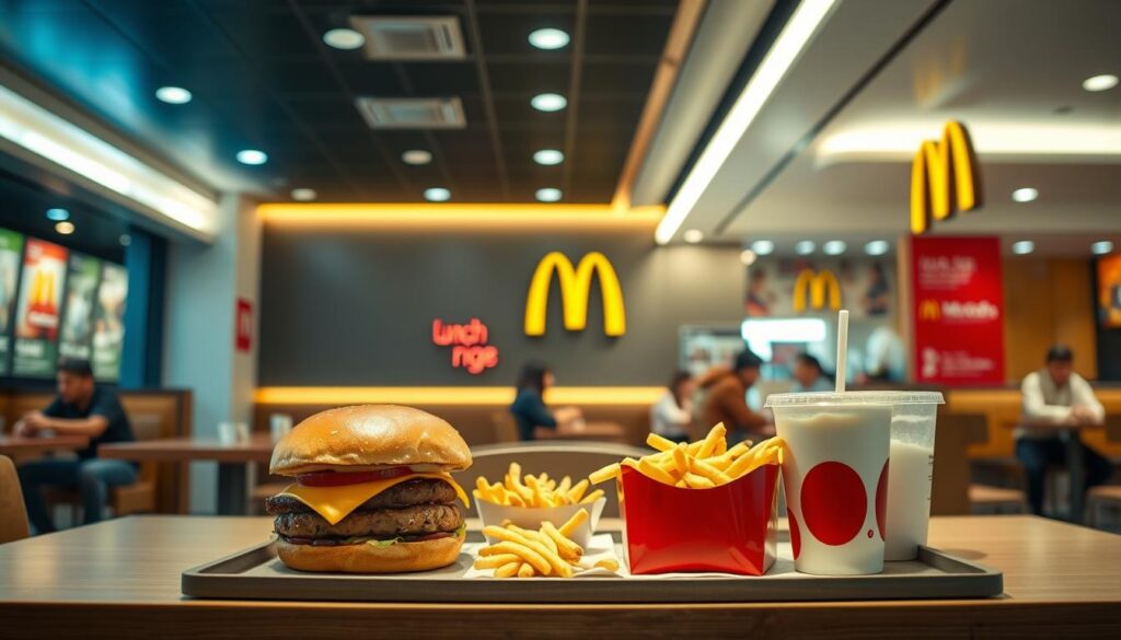 A sleek, minimalist McDonald's restaurant interior with a prominent display of lunch menu prices and combos. The scene is bathed in warm, inviting lighting, creating a cozy and welcoming atmosphere. In the foreground, a neatly arranged table showcases a selection of popular lunch items, such as a Big Mac, fries, and a soft drink, highlighting the affordability and value of the brand's lunchtime offerings. The middle ground features customers seated at tables, enjoying their meals and conversing. The background depicts the restaurant's signature golden arches and branding, subtly reinforcing the recognizable McDonald's identity. The overall composition conveys a sense of accessibility, quality, and efficiency associated with the brand's lunch pricing strategy.
