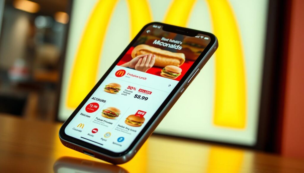 A sleek, modern digital ordering interface for McDonald's lunch menu, showcased on a high-resolution smartphone display. The foreground features a clean, intuitive layout with vibrant icons, tempting food images, and a streamlined ordering process. The middle ground presents a selection of exclusive lunch deals, highlighted with eye-catching typography and vibrant colors. The background subtly incorporates the iconic McDonald's branding, creating a cohesive and visually appealing composition. The overall scene is bathed in a warm, natural lighting, emphasizing the app's user-friendly and appetizing qualities. The image conveys a sense of convenience, efficiency, and the enticing lunch options available to McDonald's customers.