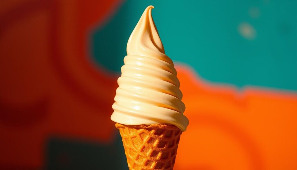 A soft-serve ice cream cone, gleaming in a warm golden light, stands tall against a backdrop of vibrant, saturated colors. The smooth, creamy ice cream is swirled into a perfect, towering peak, its texture invitingly smooth and luscious. The crisp, waffle-like cone is a rich, caramelized brown, adding a delightful crunch and contrast to the dessert. Subtle shadows and highlights accentuate the cone's form, creating a sense of depth and dimensionality. The overall scene exudes a sense of indulgence, joy, and the irresistible allure of a classic McDonald's soft-serve treat.