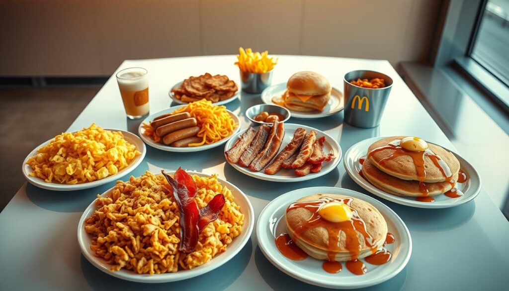 A sumptuous spread of McDonald's breakfast platters, artfully arranged on a sleek, modern table under soft, warm lighting. The platters showcase an array of delectable items: golden hash browns, fluffy scrambled eggs, juicy sausage links, crisp bacon strips, and fluffy pancakes drizzled with maple syrup. The scene is captured with a wide-angle lens, allowing the viewer to take in the full, tantalizing display. The overall mood is one of inviting comfort and indulgence, perfectly capturing the essence of a satisfying McDonald's breakfast.