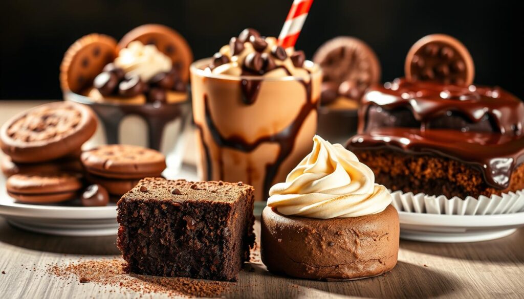 A tantalizing spread of McDonald's decadent chocolate desserts, captured in a warm, inviting light. In the foreground, a rich, fudgy brownie sits alongside a creamy, melt-in-your-mouth chocolate mousse, both garnished with a dusting of cocoa powder. In the middle ground, a tempting chocolate sundae overflows with gooey chocolate sauce, chocolate chips, and a dollop of whipped cream. In the background, a trio of chocolate-dipped cookies and a luscious chocolate cake, with a glossy chocolate ganache topping, complete the indulgent scene. The overall mood is one of irresistible sweetness, inviting the viewer to indulge in this chocolate lovers' paradise.