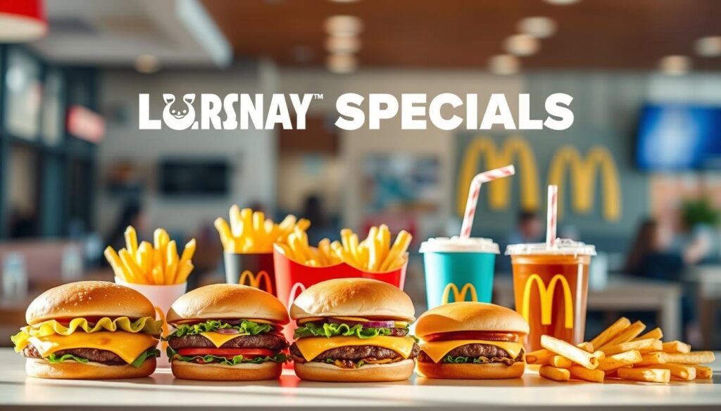 A vibrant and visually appealing display of McDonald's seasonal lunch specials, set against a softly defocused background. In the foreground, a selection of menu items - burgers, fries, and beverages - are artfully arranged on a clean, white surface, highlighted by warm, natural lighting. The middle ground features a blurred, out-of-focus view of the restaurant's interior, hinting at the bustling atmosphere. In the background, a hint of the restaurant's signature colors and branding elements add depth and context, creating a cohesive and enticing visual representation of the seasonal lunch offerings.