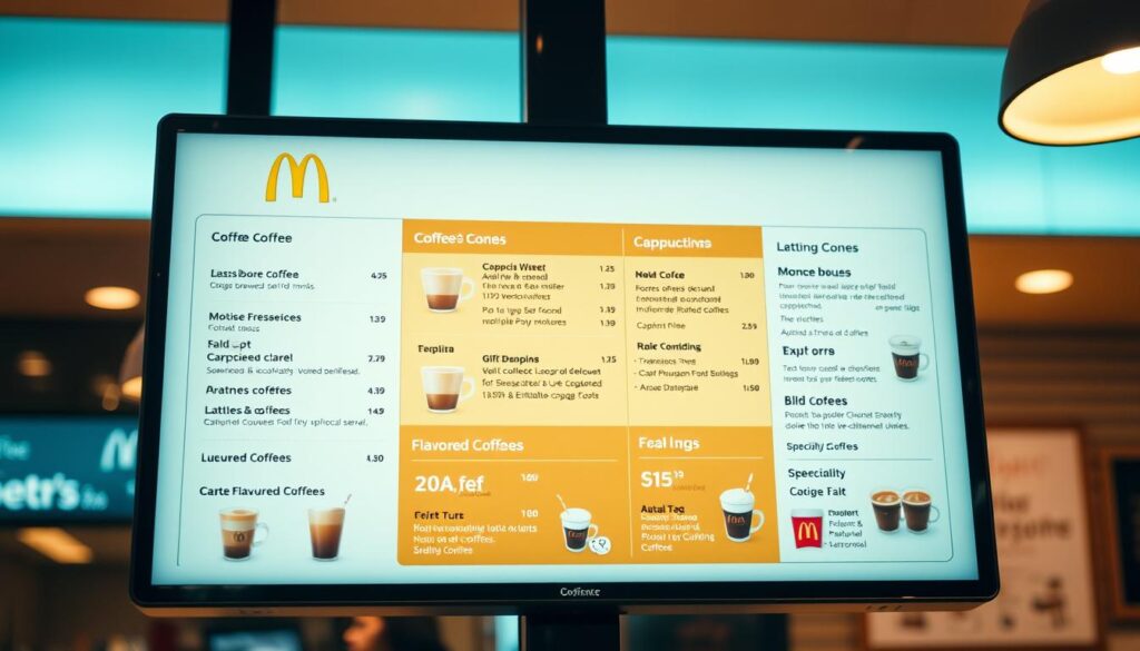 A vibrant, high-resolution photograph of a McDonald's coffee menu displayed on a sleek, modern digital screen. The menu showcases a variety of coffee options, including classic brewed coffee, espresso-based drinks like cappuccinos and lattes, as well as specialty flavored coffees. The menu is well-organized, with clear and concise descriptions of each item, presented in a clean, minimalist design. The lighting is soft and warm, creating a cozy, inviting atmosphere, and the angle of the shot is slightly elevated, giving the viewer a clear, unobstructed view of the menu. The background is blurred, allowing the menu to be the central focus of the image.