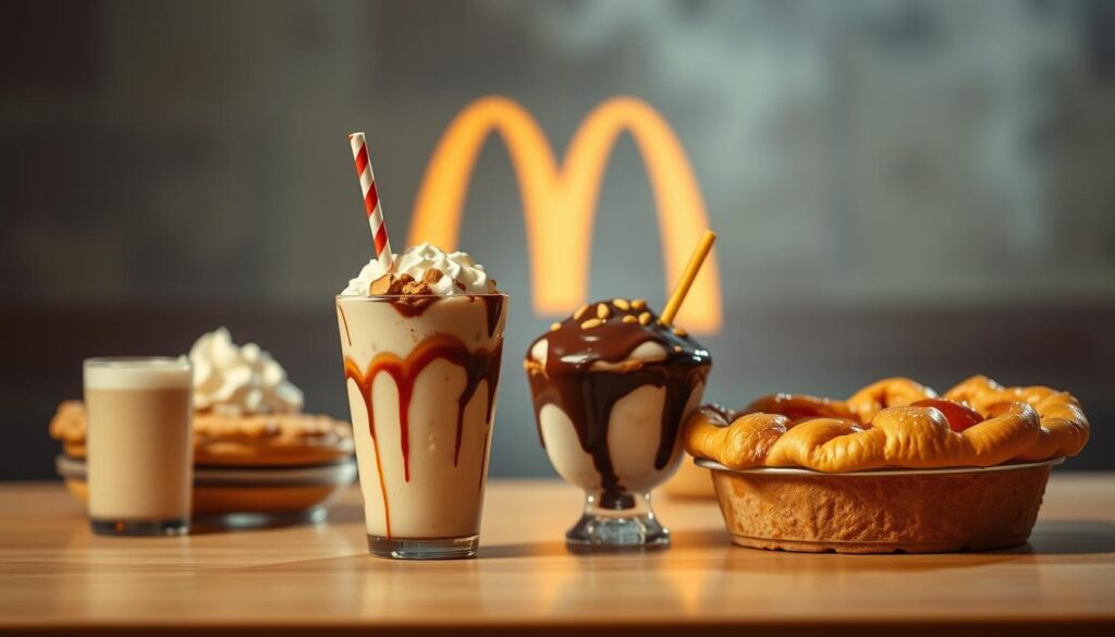 A visually enticing spread of McDonald's classic dessert offerings, captured under soft, warm lighting. In the foreground, an array of tempting treats - a creamy milkshake, a decadent hot fudge sundae, and a gooey, golden-brown apple pie, all arranged artfully on a clean, wooden surface. In the middle ground, the iconic McDonald's arches loom, casting a subtle glow, hinting at the brand's heritage. The background features a subdued, hazy backdrop, allowing the desserts to take center stage and whet the appetite. The overall mood is one of indulgence and satisfaction, perfectly complementing the &quot;Sweet Endings&quot; section of the article.
