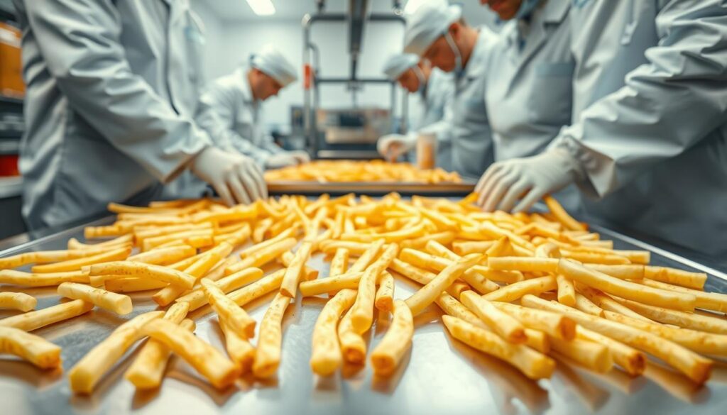 A well-lit, high-resolution close-up shot of McDonald's crispy golden fries being closely inspected by a team of quality control experts. The fries are arranged neatly on a stainless steel surface, their delicate texture and perfect seasoning visible under the bright, even lighting. The experts, wearing white lab coats and protective gloves, carefully examine each fry, checking for consistent size, color, and crispness. The scene conveys a sense of meticulous attention to detail and unwavering commitment to delivering the iconic McDonald's fry experience.
