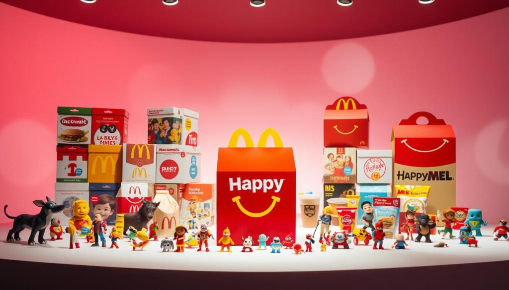 A whimsical display of McDonald's Happy Meal evolution, showcasing the iconic red box in a dynamic progression. In the foreground, the classic Happy Meal package stands prominently, surrounded by an array of playful toy figurines and accessories that have graced its contents over the decades. The middle ground features a collage of Happy Meal packaging designs, each reflecting the vibrant branding and cultural trends of their respective eras. In the background, a soft, dreamlike atmosphere sets the stage, with gentle lighting and a hint of nostalgic wonder, evoking the joy and anticipation that the Happy Meal has brought to generations of children and families. This captivating visual narrative celebrates the enduring legacy of McDonald's beloved Happy Meal.
