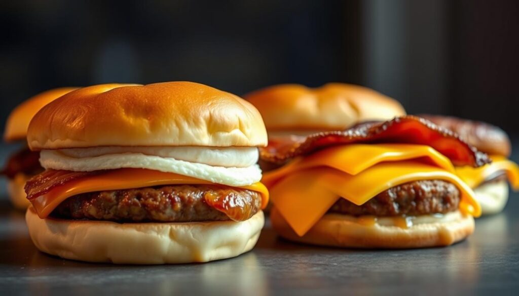 Artfully arranged McGriddle breakfast sandwiches, each showcasing a distinct variety. In the foreground, a classic McGriddle with sausage, egg, and cheese, its golden bun glistening under soft, warm lighting. Behind it, a McGriddle with crispy bacon and a fluffy egg, contrasting textures and flavors. Further back, a McGriddle with a juicy sausage patty and melted American cheese, evoking the perfect balance of sweet and savory. The scene is captured from a slightly elevated angle, emphasizing the mouth-watering details of these breakfast delights. The overall mood is one of inviting warmth and culinary delight, capturing the essence of the &quot;McGriddle Revolution&quot; and its ability to elevate the morning meal.