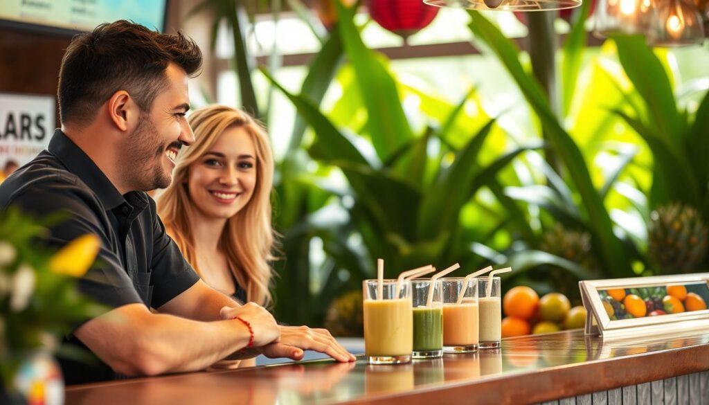 A tropical smoothie bar setting with a friendly staff member leaning over the counter, engaging in an earnest conversation with a customer. The customer's face expresses concern, while the staff member gestures reassuringly, conveying a sense of empathy and a commitment to ensuring a safe and accommodating experience. The background features lush, vibrant greenery and tropical fruits, creating an inviting, calming atmosphere. The lighting is soft and diffused, emanating a warm, welcoming glow. The overall scene captures the essence of open communication, trust, and the shared goal of providing a positive, allergen-aware dining experience. A tropical smoothie bar setting with a friendly staff member leaning over the counter, engaging in an earnest conversation with a customer. The customer's face expresses concern, while the staff member gestures reassuringly, conveying a sense of empathy and a commitment to ensuring a safe and accommodating experience. The background features lush, vibrant greenery and tropical fruits, creating an inviting, calming atmosphere. The lighting is soft and diffused, emanating a warm, welcoming glow. The overall scene captures the essence of open communication, trust, and the shared goal of providing a positive, allergen-aware dining experience.
