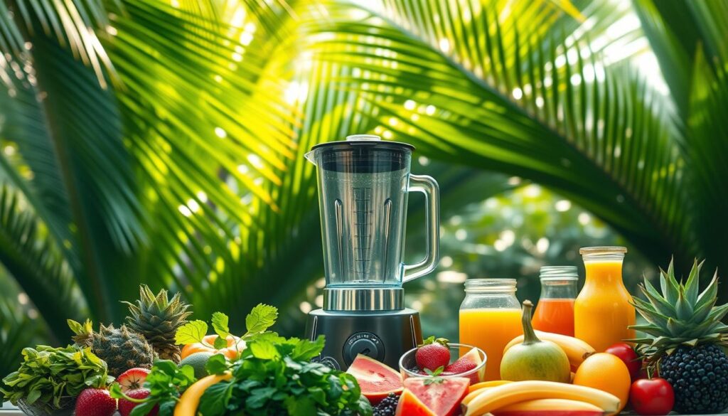 A vibrant tropical smoothie bar set against a lush, sun-dappled backdrop. In the foreground, an array of fresh fruit, herbs, and toppings are artfully arranged, inviting customization. The middle ground features a sleek, high-powered blender, its glass pitcher gleaming under soft, natural lighting. In the background, verdant palm fronds sway gently, evoking a serene, island-inspired ambiance. The overall scene radiates a sense of rejuvenation and boundless possibility, capturing the essence of crafting the perfect, personalized tropical smoothie experience. A vibrant tropical smoothie bar set against a lush, sun-dappled backdrop. In the foreground, an array of fresh fruit, herbs, and toppings are artfully arranged, inviting customization. The middle ground features a sleek, high-powered blender, its glass pitcher gleaming under soft, natural lighting. In the background, verdant palm fronds sway gently, evoking a serene, island-inspired ambiance. The overall scene radiates a sense of rejuvenation and boundless possibility, capturing the essence of crafting the perfect, personalized tropical smoothie experience.