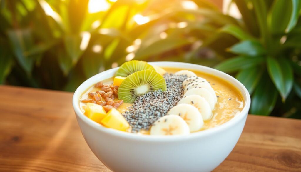 A vibrant tropical smoothie bowl filled with a vibrant blend of fresh pineapple, mango, and bananas, topped with a sprinkle of chia seeds, sliced kiwi, and a drizzle of honey. The smoothie is served in a white ceramic bowl, placed on a wooden table against a backdrop of lush green foliage and warm, natural lighting filtering through the scene. The composition is clean and minimalist, showcasing the vibrant colors and textures of the healthy breakfast ingredients. A vibrant tropical smoothie bowl filled with a vibrant blend of fresh pineapple, mango, and bananas, topped with a sprinkle of chia seeds, sliced kiwi, and a drizzle of honey. The smoothie is served in a white ceramic bowl, placed on a wooden table against a backdrop of lush green foliage and warm, natural lighting filtering through the scene. The composition is clean and minimalist, showcasing the vibrant colors and textures of the healthy breakfast ingredients.