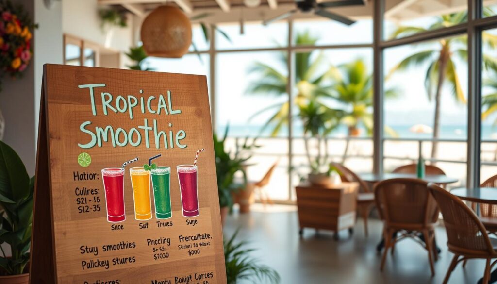 A vibrant tropical smoothie menu board displayed in a bright, airy café setting. The foreground features a wooden board with hand-painted text showcasing a variety of smoothie flavors, their sizes, and their respective prices. The middle ground captures the cafe's inviting ambiance, with lush greenery, rattan furniture, and natural light streaming through large windows. The background evokes a serene, beachy atmosphere with palm trees swaying gently in the breeze. The overall mood is one of freshness, warmth, and a sense of tropical escapism. The lighting is soft and diffused, creating a welcoming and appetizing atmosphere. A vibrant tropical smoothie menu board displayed in a bright, airy café setting. The foreground features a wooden board with hand-painted text showcasing a variety of smoothie flavors, their sizes, and their respective prices. The middle ground captures the cafe's inviting ambiance, with lush greenery, rattan furniture, and natural light streaming through large windows. The background evokes a serene, beachy atmosphere with palm trees swaying gently in the breeze. The overall mood is one of freshness, warmth, and a sense of tropical escapism. The lighting is soft and diffused, creating a welcoming and appetizing atmosphere.