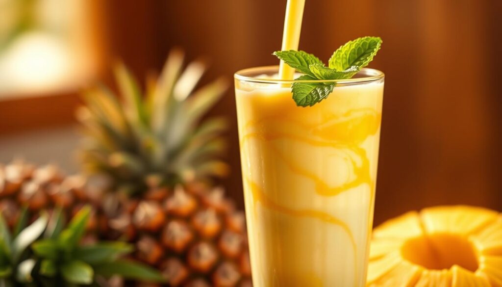 A vibrant tropical smoothie with a swirling blend of ripe mango, pineapple, and coconut milk. The lush, creamy mixture is poured into a tall glass, garnished with a fresh mint sprig. The scene is bathed in warm, golden light, as if captured by a soft-focus lens. The smoothie appears thick and indulgent, yet clearly dairy-free, making it an allergy-friendly option for those with lactose intolerance or other dietary restrictions. The overall mood is one of refreshing, summery delight, perfectly suited to illustrate a section on tropical smoothie allergen information. A vibrant tropical smoothie with a swirling blend of ripe mango, pineapple, and coconut milk. The lush, creamy mixture is poured into a tall glass, garnished with a fresh mint sprig. The scene is bathed in warm, golden light, as if captured by a soft-focus lens. The smoothie appears thick and indulgent, yet clearly dairy-free, making it an allergy-friendly option for those with lactose intolerance or other dietary restrictions. The overall mood is one of refreshing, summery delight, perfectly suited to illustrate a section on tropical smoothie allergen information.