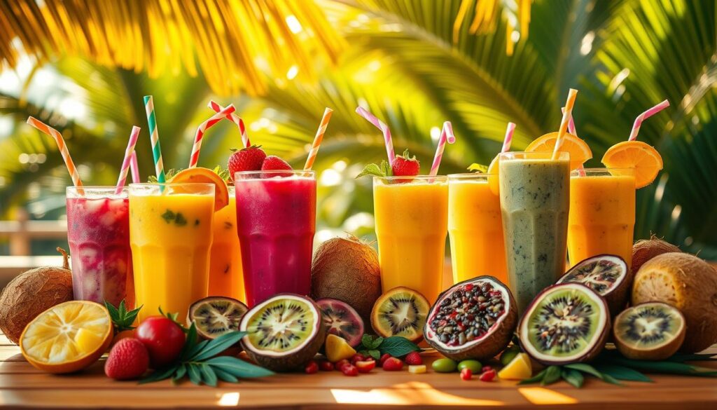 An artful display of tropical smoothie drinks, captured in a vibrant, sun-dappled setting. Foreground features a variety of colorful, chilled concoctions - pineapple-mango, strawberry-kiwi, and island-inspired blends, adorned with fresh fruit garnishes and swirling straws. Middle ground showcases an array of exotic ingredients, from fresh coconut and passionfruit to kiwi and dragon fruit, arranged in an enticing manner. Background hints at a lush, verdant oasis, with palm fronds and tropical foliage setting the scene. Warm, golden lighting and a shallow depth of field create an inviting, almost cinematic atmosphere, drawing the viewer into this off-menu tropical smoothie paradise. An artful display of tropical smoothie drinks, captured in a vibrant, sun-dappled setting. Foreground features a variety of colorful, chilled concoctions - pineapple-mango, strawberry-kiwi, and island-inspired blends, adorned with fresh fruit garnishes and swirling straws. Middle ground showcases an array of exotic ingredients, from fresh coconut and passionfruit to kiwi and dragon fruit, arranged in an enticing manner. Background hints at a lush, verdant oasis, with palm fronds and tropical foliage setting the scene. Warm, golden lighting and a shallow depth of field create an inviting, almost cinematic atmosphere, drawing the viewer into this off-menu tropical smoothie paradise.