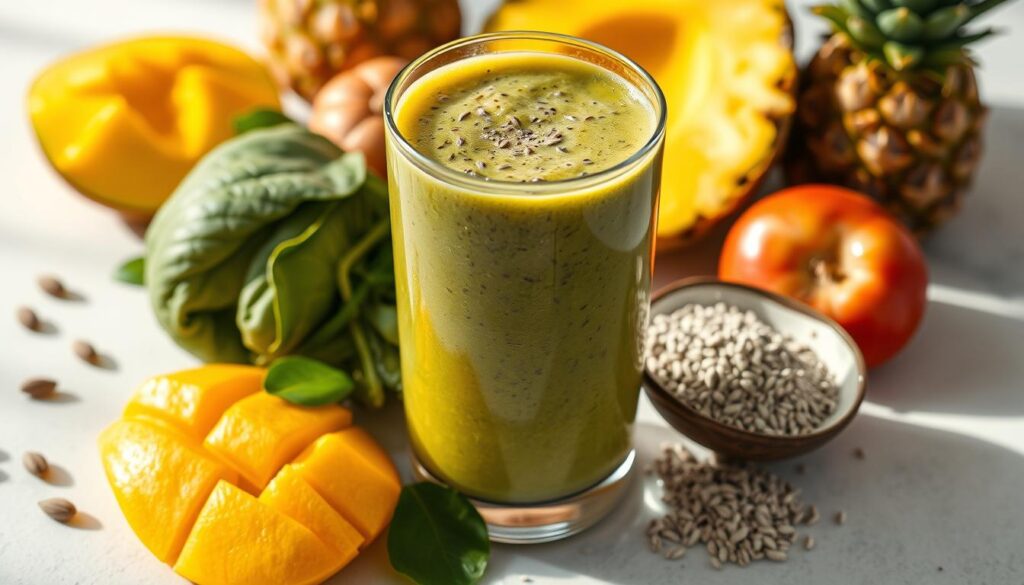 High-quality, detailed, hyper-realistic photograph of a vibrant tropical smoothie made with fresh tropical fruits, vegetables, and superfood ingredients on a clean white table. The smoothie glass is filled with a thick, creamy, visually appealing blend of ingredients like mango, pineapple, kiwi, spinach, chia seeds, and coconut milk. The ingredients are beautifully arranged and lit from the side, creating lush shadows and highlights that accentuate their natural colors and textures. The overall mood is fresh, healthy, and inviting, showcasing the vibrant, nutrient-dense components of a delicious, wholesome tropical smoothie. High-quality, detailed, hyper-realistic photograph of a vibrant tropical smoothie made with fresh tropical fruits, vegetables, and superfood ingredients on a clean white table. The smoothie glass is filled with a thick, creamy, visually appealing blend of ingredients like mango, pineapple, kiwi, spinach, chia seeds, and coconut milk. The ingredients are beautifully arranged and lit from the side, creating lush shadows and highlights that accentuate their natural colors and textures. The overall mood is fresh, healthy, and inviting, showcasing the vibrant, nutrient-dense components of a delicious, wholesome tropical smoothie.