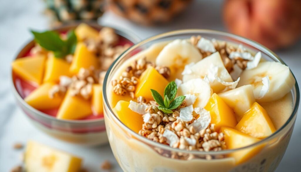 Tropical smoothie bowls filled with vibrant, juicy fruits - pineapple, mango, and banana, swirled in a creamy, nutrient-dense blend. Garnished with fresh coconut shreds, crunchy granola, and a drizzle of honey, creating a visually stunning and health-conscious meal. The scene is captured in natural lighting, with a soft, diffused glow highlighting the bowl's textural elements. The composition features a close-up view, emphasizing the layered ingredients and their vivid colors against a minimalist background, creating a calming, appetizing atmosphere. Tropical smoothie bowls filled with vibrant, juicy fruits - pineapple, mango, and banana, swirled in a creamy, nutrient-dense blend. Garnished with fresh coconut shreds, crunchy granola, and a drizzle of honey, creating a visually stunning and health-conscious meal. The scene is captured in natural lighting, with a soft, diffused glow highlighting the bowl's textural elements. The composition features a close-up view, emphasizing the layered ingredients and their vivid colors against a minimalist background, creating a calming, appetizing atmosphere.